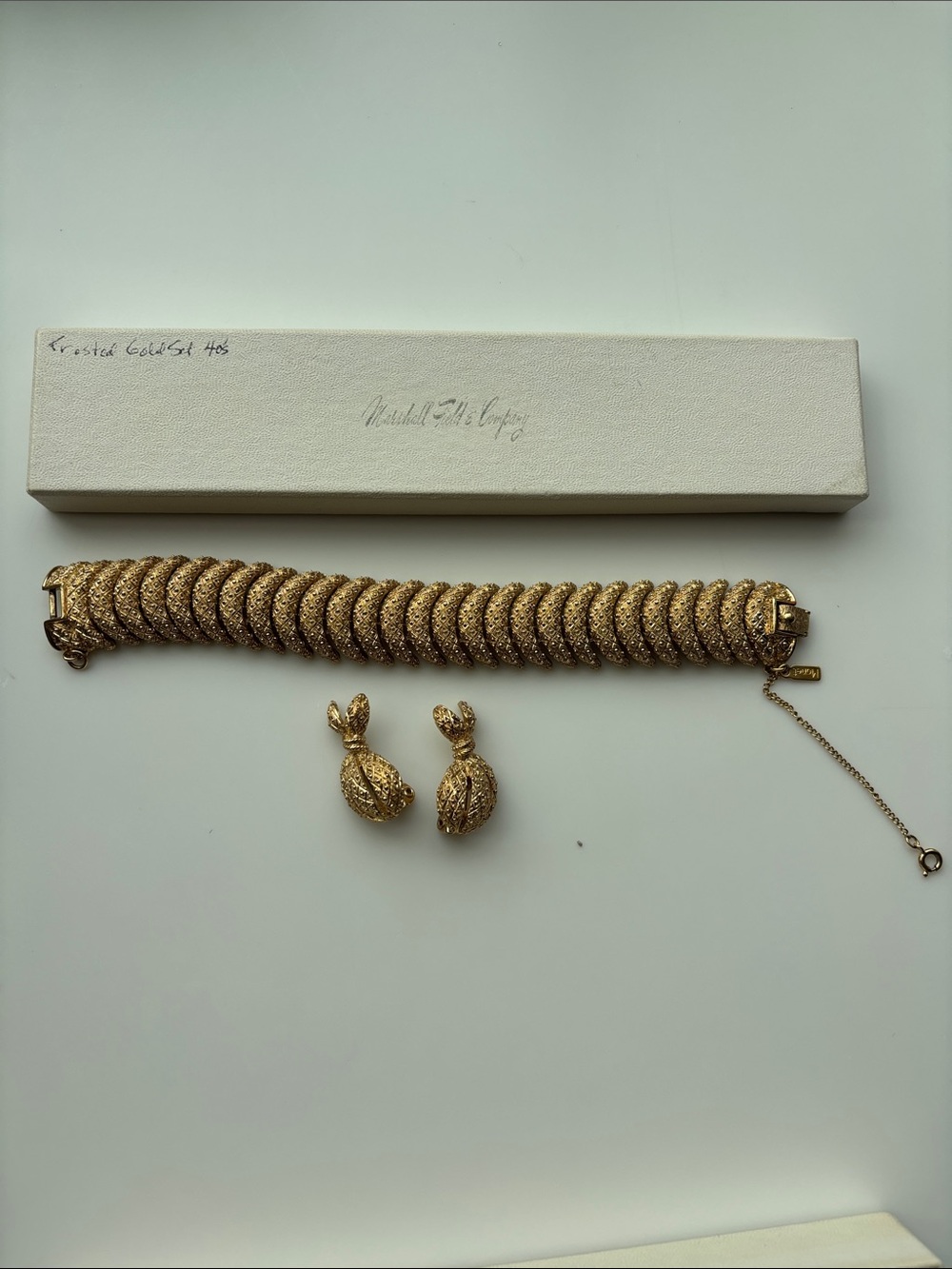 Marshall Fields Vintage 1940s Gold-Tone Bracelet and Matching Clip on Earrings